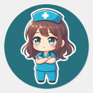 Pegatina Redonda Enfermera Chibi Original - Calma Profesional