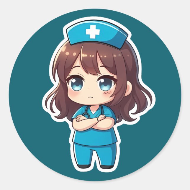 Pegatina Redonda Enfermera Chibi Original - Calma Profesional (Anverso)