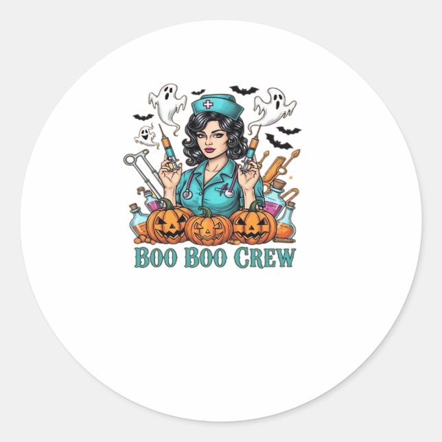 Pegatina Redonda Enfermera de Boo Boo Crew Halloween con jeringas y (Anverso)