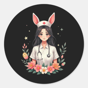 Pegatina Redonda Enfermera de conejito, Chica de Anime, estudiante