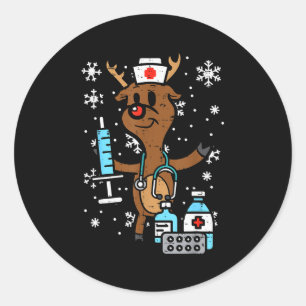 Pegatina Redonda Enfermera de Navidad Reno divertido camiseta de Na