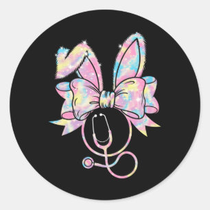 Pegatina Redonda Enfermera de Pascua Coquette Bow Stethoscope Bunny