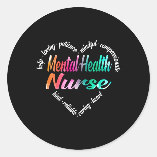 Pegatina Redonda Enfermera de salud mental Corazón Word Nube Acuare (Anverso)