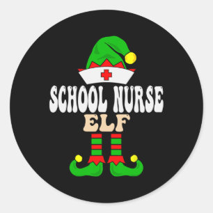 Pegatina Redonda Enfermera escolar Elf Xmas Coincidiendo con el gru