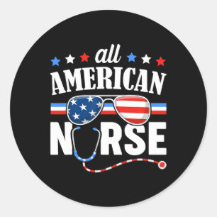 Pegatina Redonda Enfermera Estadounidense 4 De Julio Enfermeras De