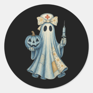Pegatina Redonda Enfermera fantasma pequeña Bow Vintage Halloween C