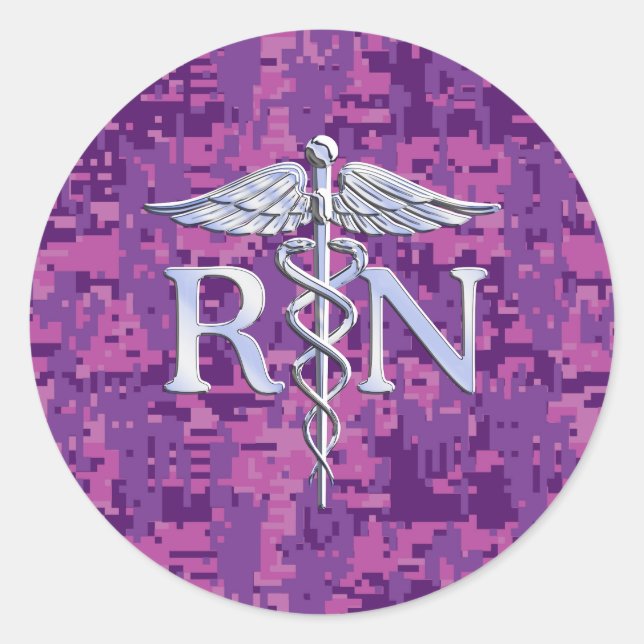 Pegatina Redonda Enfermera inscrita RN Silver Caduceus en Camo Rosa (Anverso)