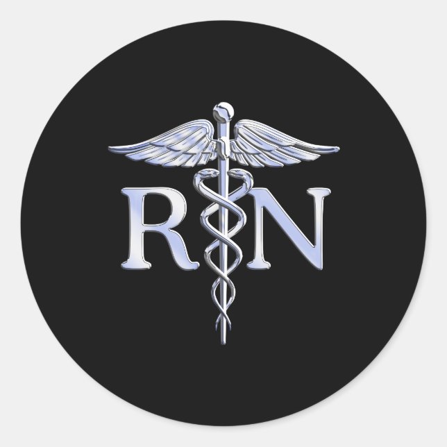 Pegatina Redonda Enfermera inscrita RN Silver Caduceus en negro (Anverso)