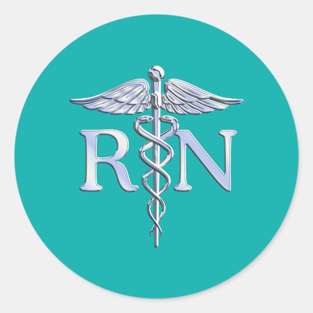 Pegatina Redonda Enfermera inscrita RN Silver Caduceus en turquesa (Anverso)