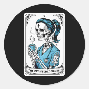Pegatina Redonda Enfermera inscrita Tarot Card Skeleton Enfermera H