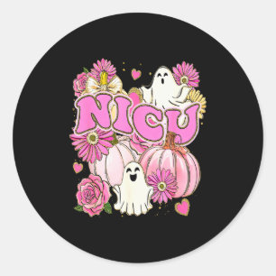 Pegatina Redonda Enfermera Nicu Halloween Rosa Floral Calabaza Fant