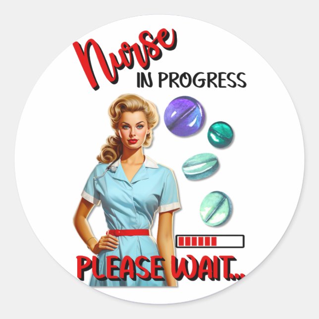 Pegatina Redonda Enfermera Nostálgica Cute En Curso (Anverso)
