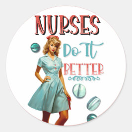 Pegatina Redonda Enfermera Nostálgica Cute Enfermeras De Pinup Lo H