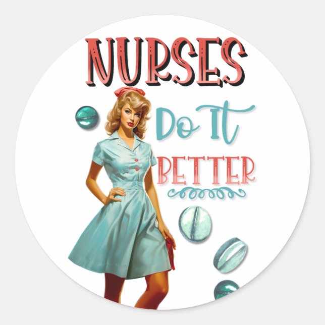 Pegatina Redonda Enfermera Nostálgica Cute Enfermeras De Pinup Lo H (Anverso)