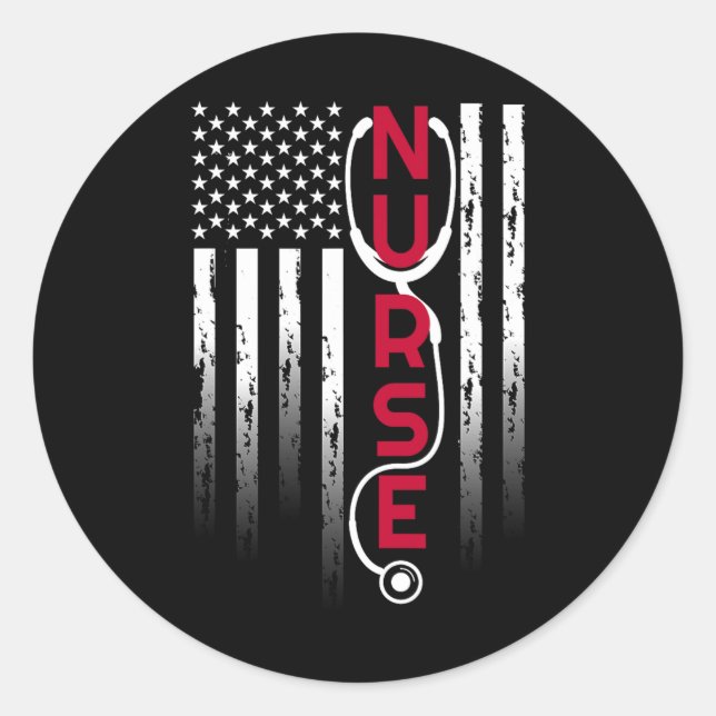 Pegatina Redonda Enfermera Patriótica Con Estetioscopio De Bandera  (Anverso)