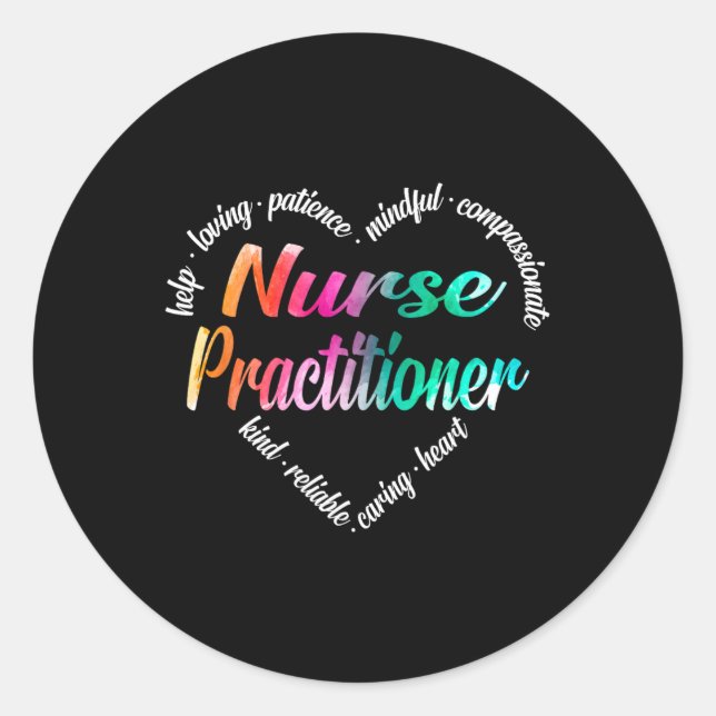 Pegatina Redonda Enfermera practicante Corazón Word Cloud Watercolo (Anverso)