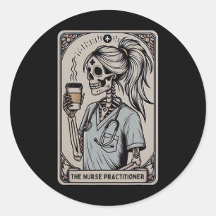 Pegatina Redonda Enfermera practicante Tarot Card Skeleton Hallowee