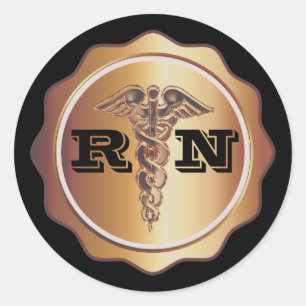 Pegatina Redonda Enfermera RN de tono dorado Caduceus   Médico