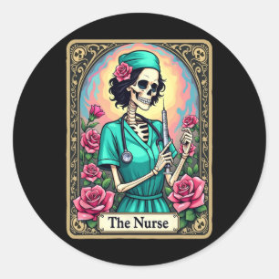 Pegatina Redonda Enfermera Skeleton Tarjeta Tarot Funny Enfermera d