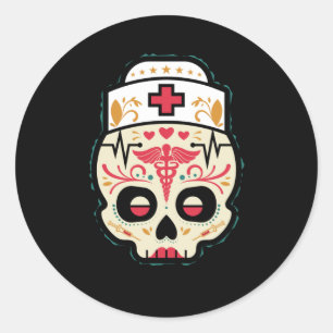Pegatina Redonda Enfermera Sugar Skull