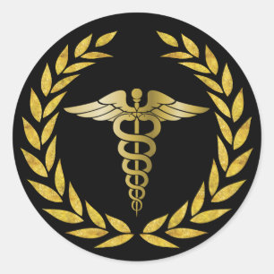 Pegatina Redonda Enfermería Médica Símbolo Royal Gold Caduceus