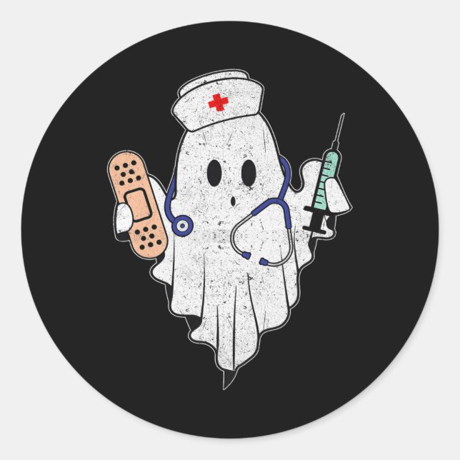 Pegatina Redonda Enfermero De Enfermería Fantasma Scrub Top Hallowe (Anverso)