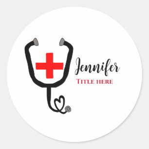 Pegatina Redonda Enfermero médica médico rojo más estetoscopio añad