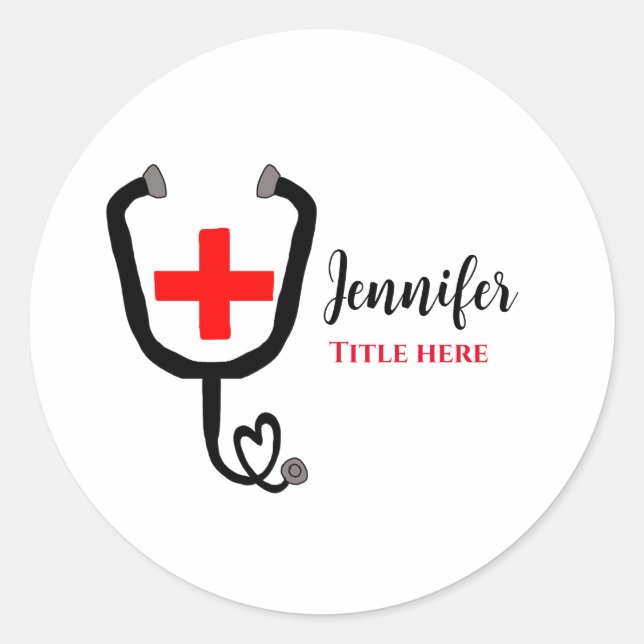 Pegatina Redonda Enfermero médica médico rojo más estetoscopio añad (Anverso)