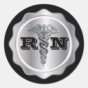 Pegatina Redonda Enfermero RN de Silver Caduceus   Médico