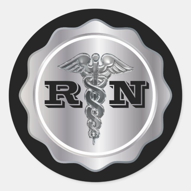 Pegatina Redonda Enfermero RN de Silver Caduceus | Médico (Anverso)