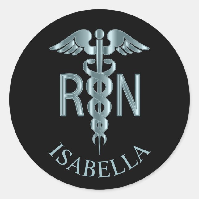 Pegatina Redonda Enfermero verde azulado RN Caduceus (Anverso)