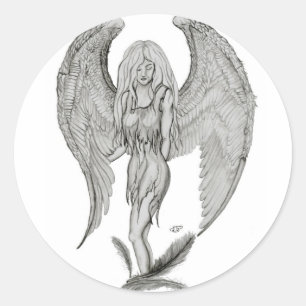 Pegatina Redonda Engel Bleistiftzeichnung Diseño en blanco y negro