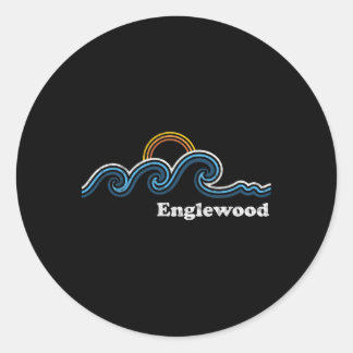 Pegatina Redonda Englewood Retro Florida Fl Vintage Playa Surf
