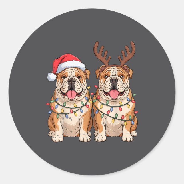 Pegatina Redonda English Bulldog Christmas Santa Hat Reindeer Light (Anverso)