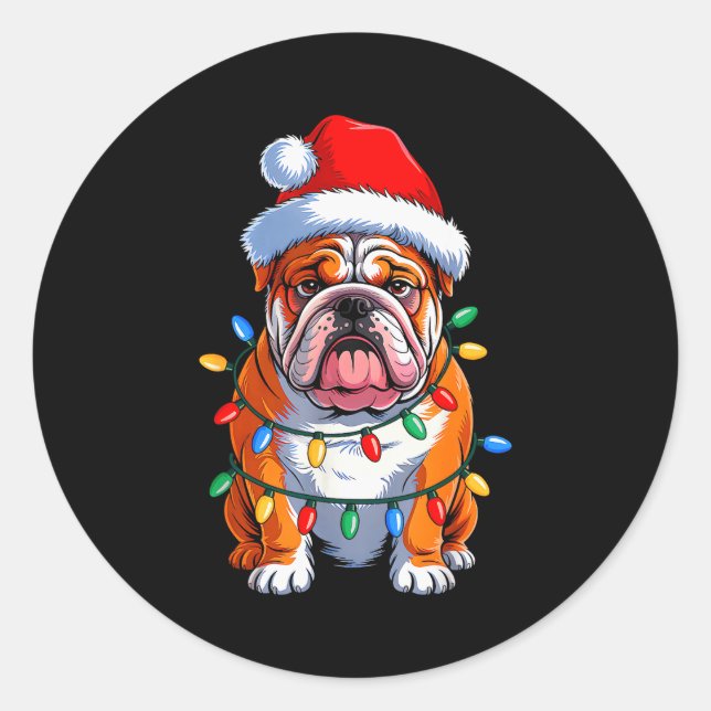 Pegatina Redonda English Bulldog Dog Christmas Lights Santa Hat Xma (Anverso)