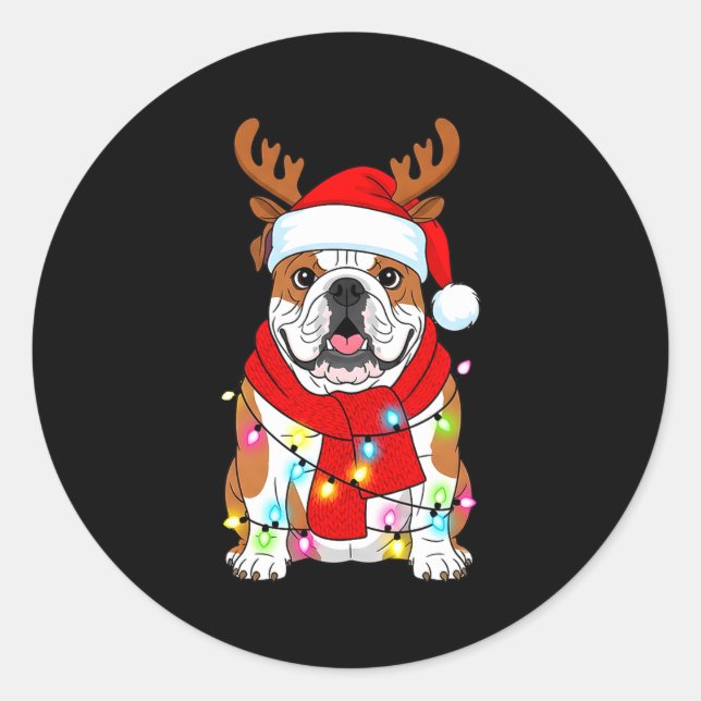 Pegatina Redonda English Bulldog Dog Tree Christmas Lights Xmas Paj (Anverso)