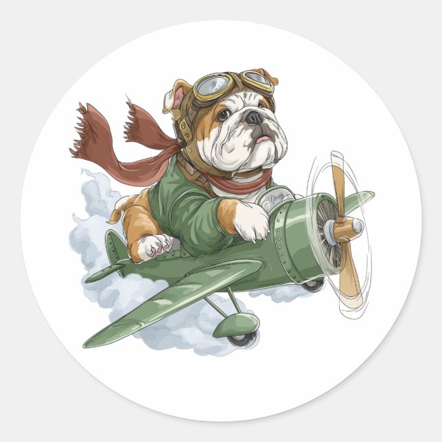 Pegatina Redonda English Bulldog Pilot Airplane (Anverso)