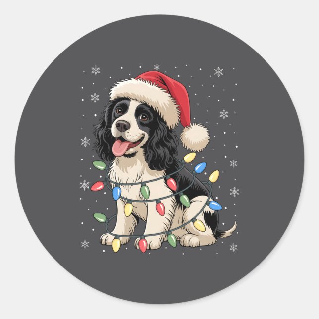 Pegatina Redonda English Springer Spaniel Dog Christmas Tree Lights (Anverso)