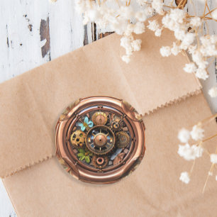 Pegatina Redonda Engranajes y Flores Steampunk Cobre y Metal Dorado
