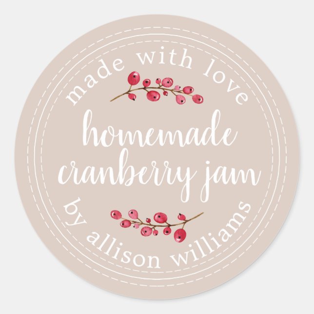 Pegatina Redonda Enlatado de Mermelada Casera de Arándanos Navideña (Anverso)