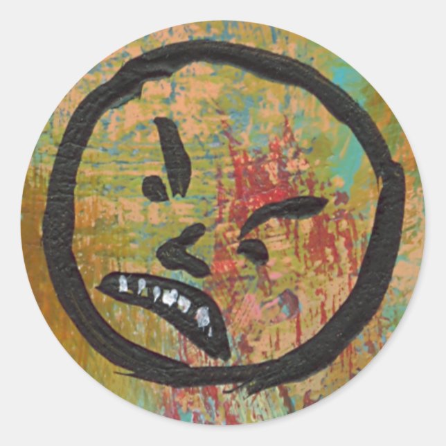Pegatina Redonda Enojo gruñón yuck cara loco divertido arte contemp (Anverso)