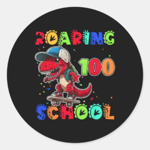 Pegatina Redonda Enrutamiento En 100 Días Escolares Dino T-rex Skat