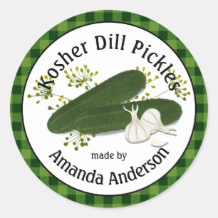 Pegatina Redonda Ensaladas de Pepino Dill Kosher Cuadros  1.5"