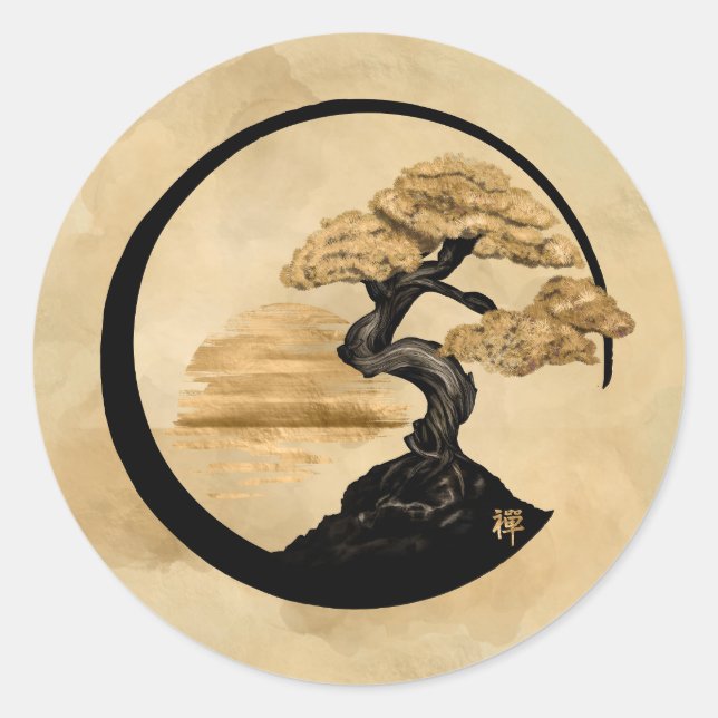 Pegatina Redonda Enso Zen Circle Bonsai - Golden Sunrise (Anverso)