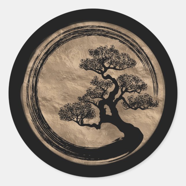 Pegatina Redonda Enso Zen Circle y Bonsai Tree Gold (Anverso)
