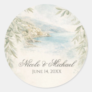 Pegatina Redonda Ensoñación de Amalfi — Boda Costera Mediterránea