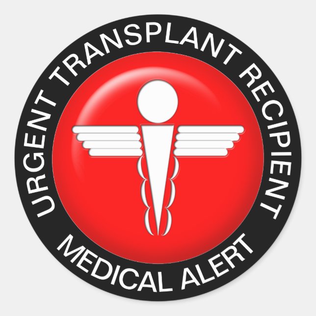 Pegatina Redonda Entradas de alerta médica - Destinatario de traspl (Anverso)
