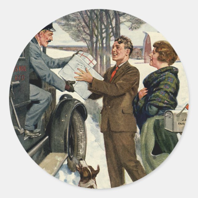 Pegatina Redonda Entrega de Mailman, Navidades victorianos de época (Anverso)