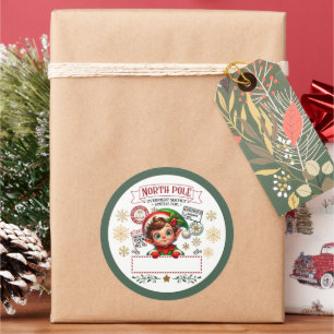 Pegatina Redonda Entrega del Polo Norte Elfo de Navidad Regalo para