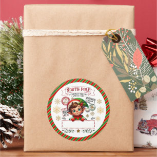 Pegatina Redonda Entrega del Polo Norte Elfo de Navidad Regalo para